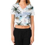 Personalized Womens 3D V-Neck Cropped Baseball Jersey - White & Light Blue Hawaii Palm Trees Personalized Women's White White-Light