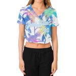 Custom Name and Number Personalized Womens 3D V-Neck Cropped Baseball Jersey Hawaii Palm Trees White Light Blue Personalized