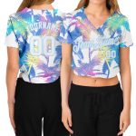 Custom Name and Number Personalized Womens 3D V-Neck Cropped Baseball Jersey Hawaii Palm Trees White Light Blue Personalized