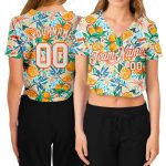 Custom Name and Number Personalized Womens 3D V-Neck Cropped Baseball Jersey - White Orange Fruit Design Personalized Women's