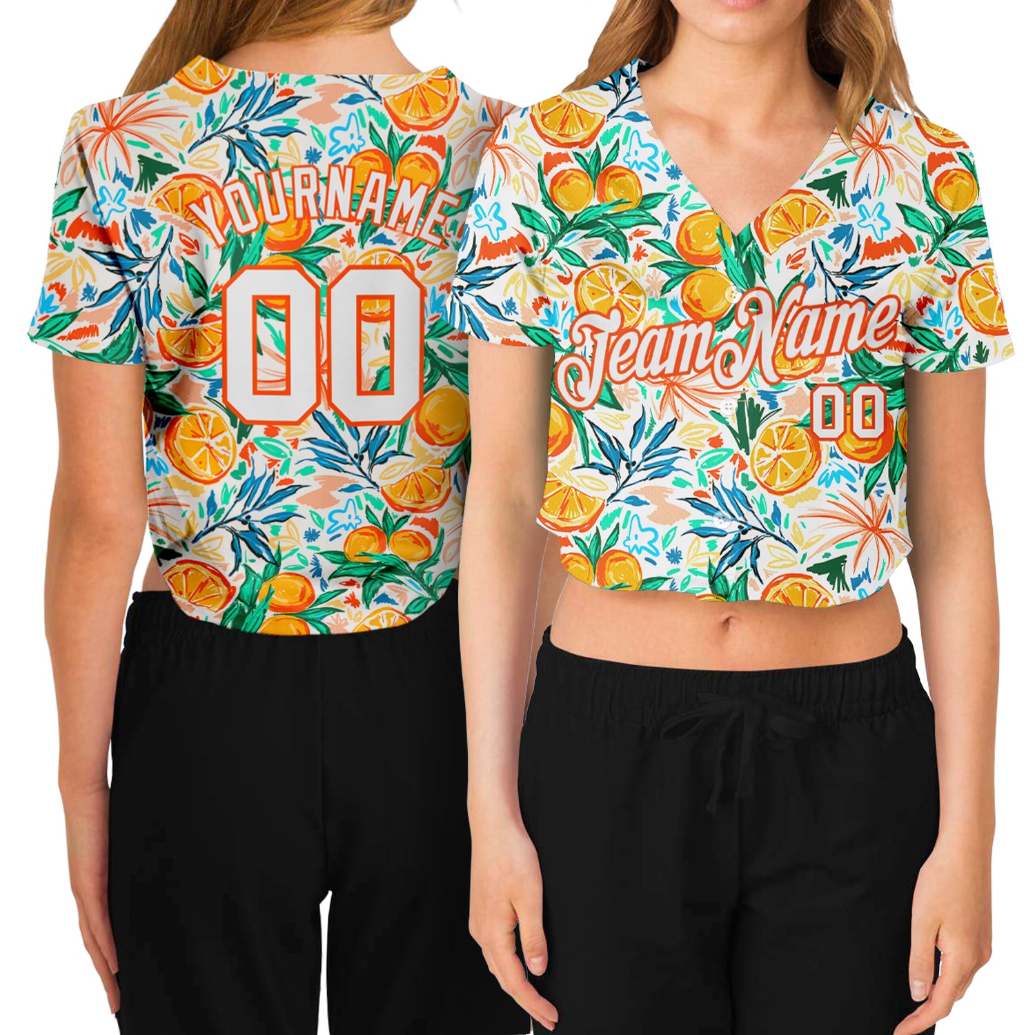 Custom Name and Number Personalized Womens 3D V-Neck Cropped Baseball Jersey - White Orange Fruit Design Personalized Women's