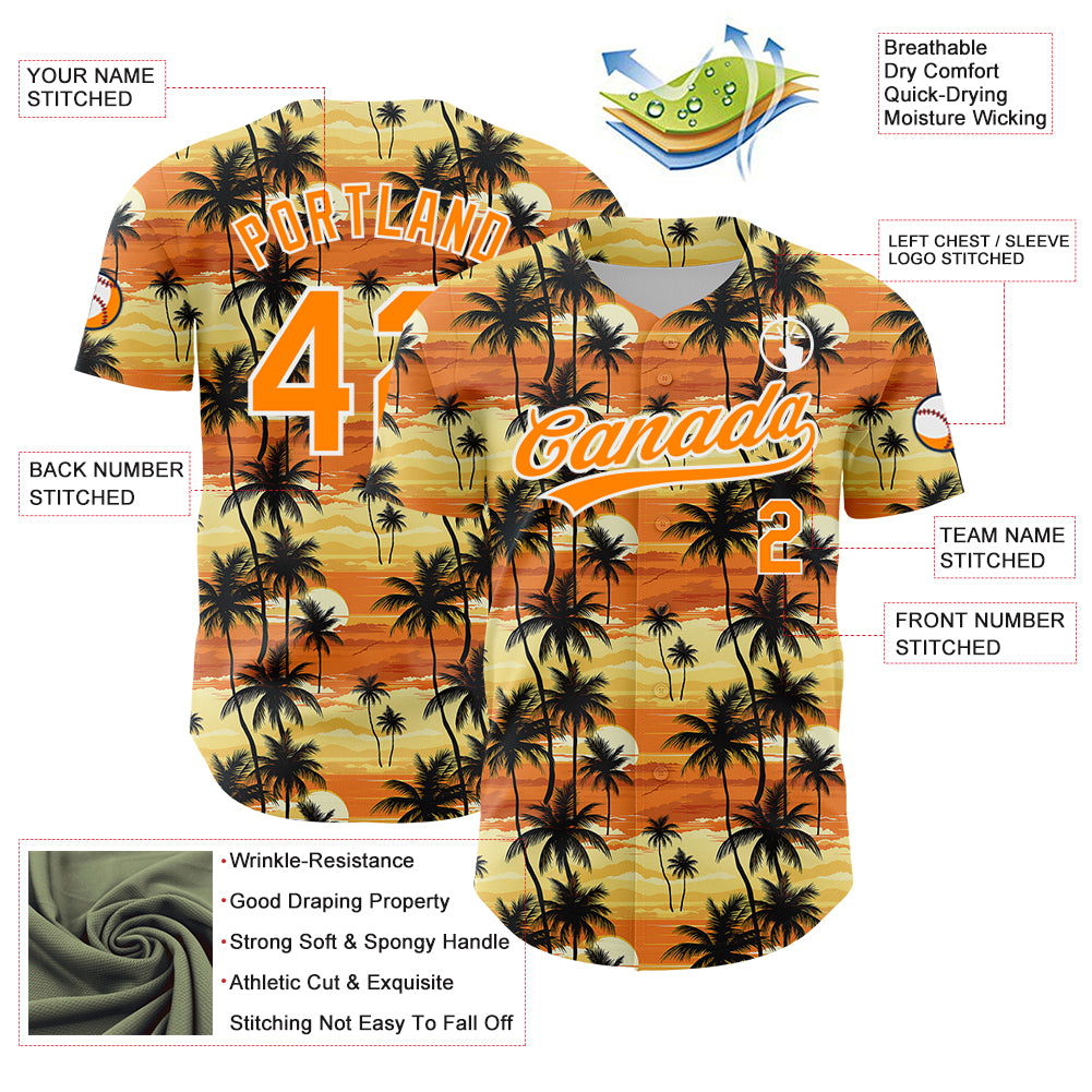 Personalized Yellow Bay Orange-White 3D Pattern Design Tropical Hawaii Palm Trees Authentic Baseball Jersey Team Custom Name and Number Personalized Baseball Jersey with Tropical Hawaii Palm Trees Design, Custom Name and Number, Yellow Bay Orange-White 3D Pattern - Image 3