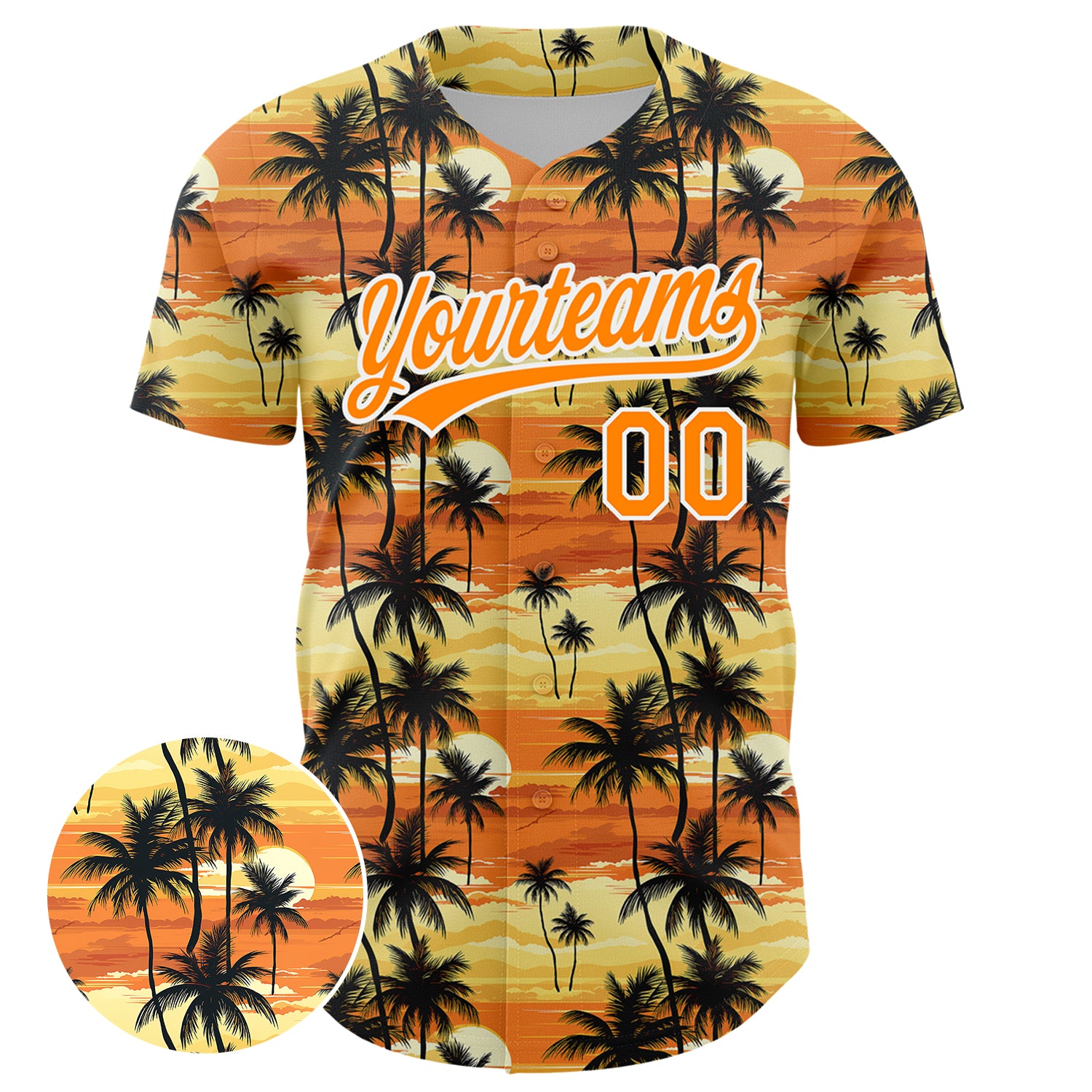 Personalized Yellow Bay Orange-White 3D Pattern Design Tropical Hawaii Palm Trees Authentic Baseball Jersey Team Custom Name and Number Personalized Baseball Jersey with Tropical Hawaii Palm Trees Design, Custom Name and Number, Yellow Bay Orange-White 3D Pattern - Image 2