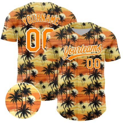 Personalized Baseball Jersey with Tropical Hawaii Palm Trees Design, Custom Name and Number, Yellow Bay Orange-White 3D Pattern