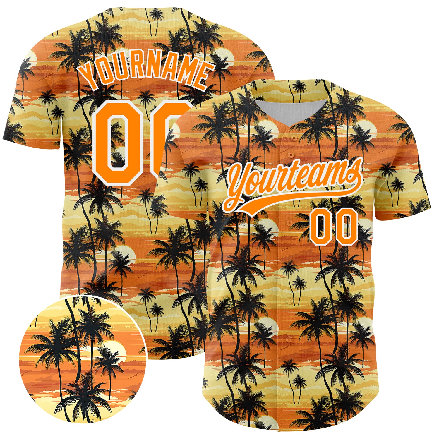 Personalized Baseball Jersey with Tropical Hawaii Palm Trees Design, Custom Name and Number, Yellow Bay Orange-White 3D Pattern