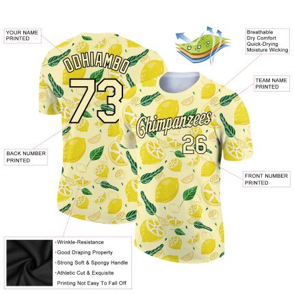 Custom Team Name and Number T-Shirt with Personalized Yellow Black 3D Flower and Fruit Pattern for Summer Holidays Personalized