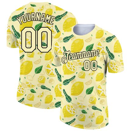 Custom Team Name and Number T-Shirt with Personalized Yellow Black 3D Flower and Fruit Pattern for Summer Holidays Personalized