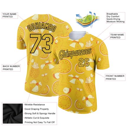 Personalized Summer Holiday Fruit T-Shirt with Custom Name and Number - Yellow Black 3D Pattern Design Team Wear Personalized