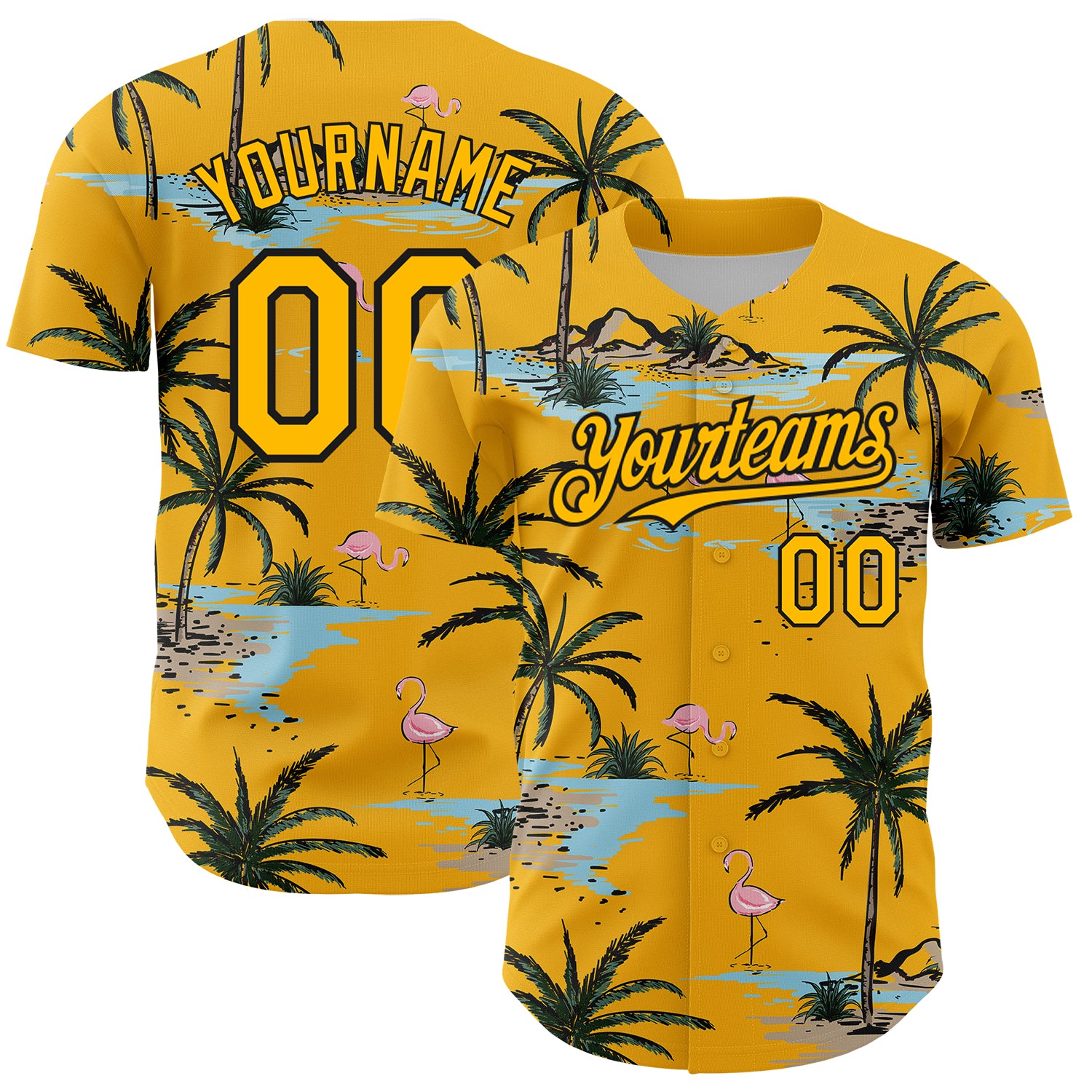 Custom Tropical Hawaii Palm Trees Baseball Jersey with Personalized Name and Number, 3D Yellow Black Pattern Design Personalized