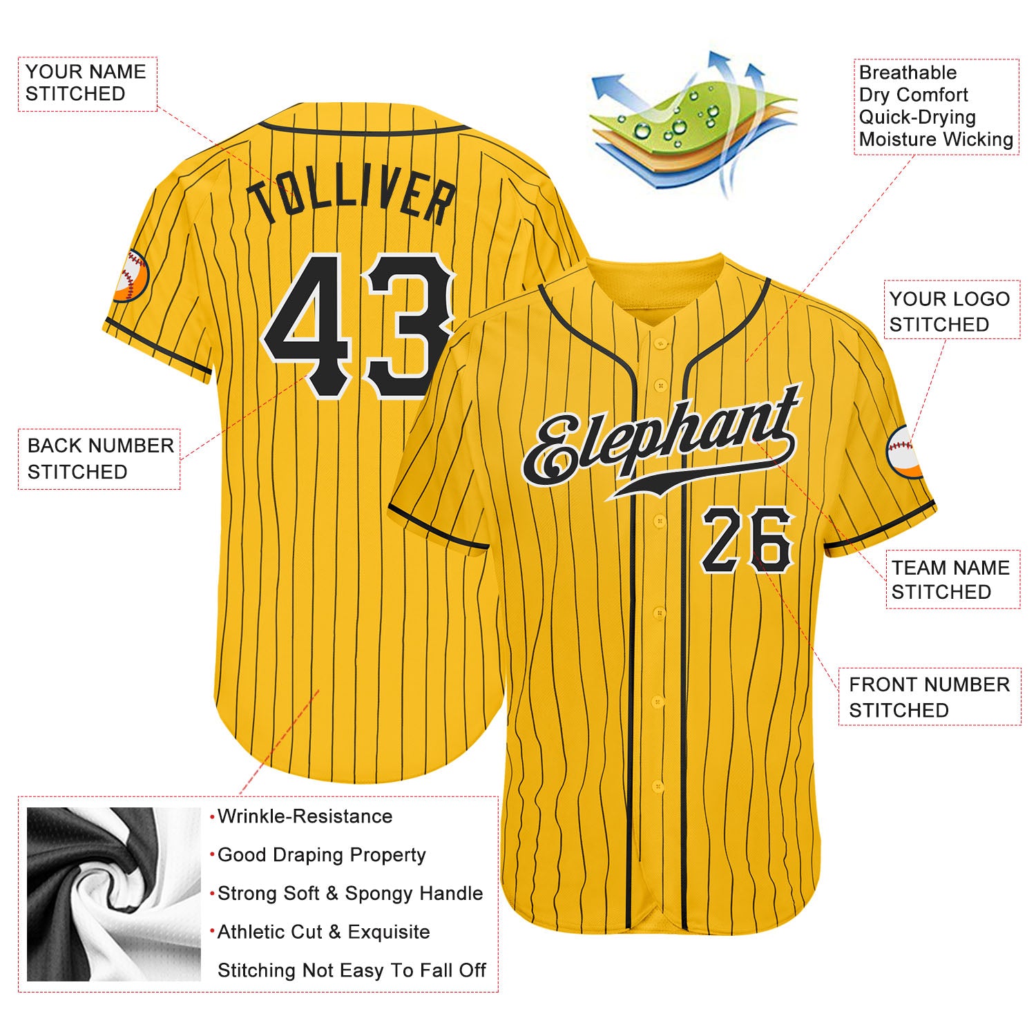 Personalized Yellow Black Pinstripe Black-White Authentic Baseball Jersey Team Custom Name and Number Custom Name and Number Personalized Black-White Yellow Black Pinstripe Authentic Baseball Jersey Personalized Yellow Black - Image 3