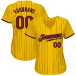Custom Personalized Baseball Jersey - Yellow Black Pinstripe with Crimson-Black Team Name and Number Personalized Yellow