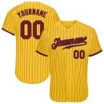 Custom Personalized Baseball Jersey - Yellow Black Pinstripe with Crimson-Black Team Name and Number Personalized Yellow