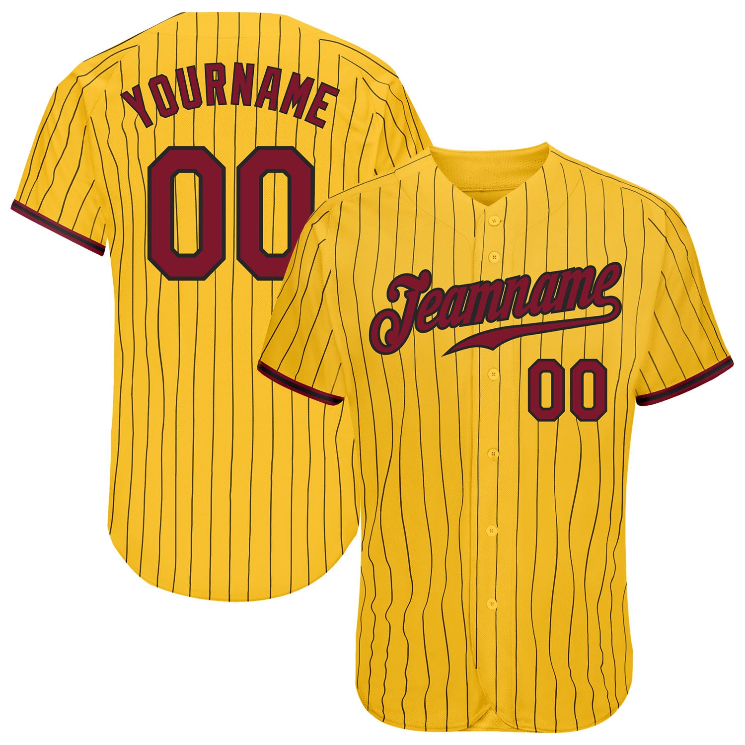 Custom Personalized Baseball Jersey - Yellow Black Pinstripe with Crimson-Black Team Name and Number Personalized Yellow