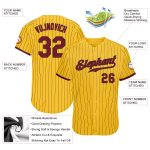 Custom Personalized Baseball Jersey - Yellow Black Pinstripe with Crimson-Black Team Name and Number Personalized Yellow