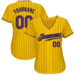 Custom Name and Number Authentic Baseball Jersey in Yellow Black Pinstripe and Purple Black Personalized Yellow Black Pinstripe