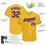 Custom Name and Number Authentic Baseball Jersey in Yellow Black Pinstripe and Purple Black Personalized Yellow Black Pinstripe