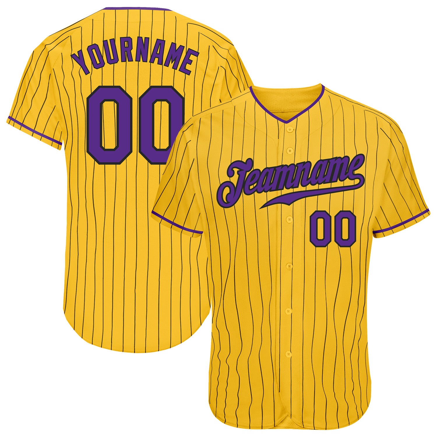 Custom Name and Number Authentic Baseball Jersey in Yellow Black Pinstripe and Purple Black Personalized Yellow Black Pinstripe
