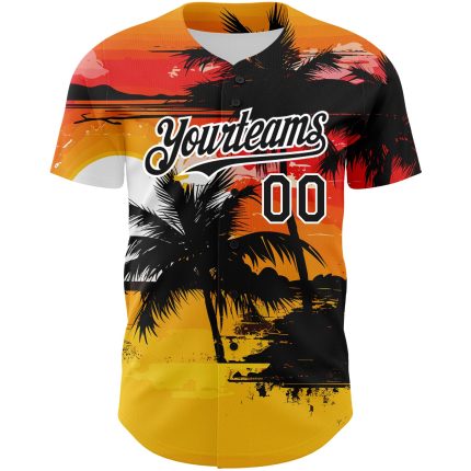 Custom Name and Number Authentic Baseball Jersey with Yellow Black White 3D Palm Trees Design for Beach Hawaii Personalized