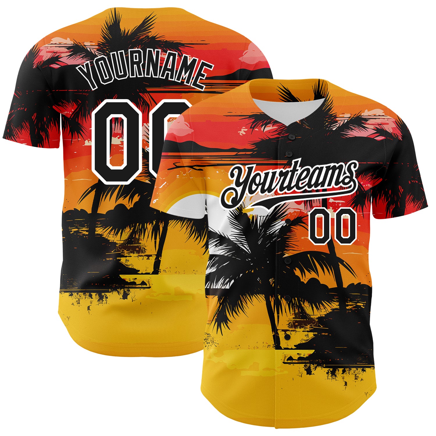 Custom Name and Number Authentic Baseball Jersey with Yellow Black White 3D Palm Trees Design for Beach Hawaii Personalized