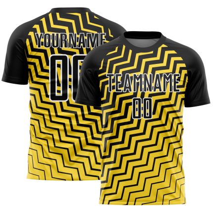 Custom Soccer Uniform Jersey with Personalized Name Number, Yellow Black-White Geometric Lines Design Personalized Yellow