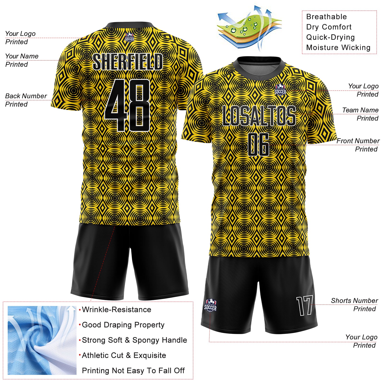 Personalized Yellow Black-White Geometric Shapes Sublimation Soccer Uniform Jersey Team Custom Name and Number Custom Sublimation Soccer Uniform Jersey with Personalized Name & Number - Yellow Black-White Geometric Shapes Personalized - Image 4