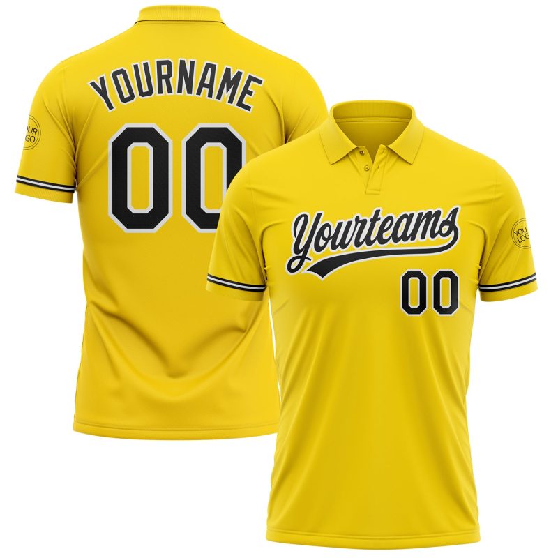 Custom Team Name Number Golf Polo Shirt - Personalized Yellow Black-White Performance Apparel Personalized Yellow Black-White