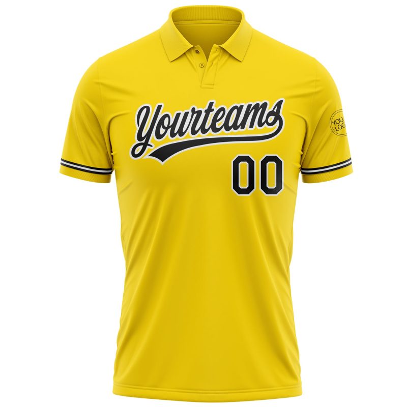Custom Team Name Number Golf Polo Shirt - Personalized Yellow Black-White Performance Apparel Personalized Yellow Black-White