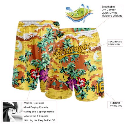 Custom Tropical Hawaii Palm Trees Basketball Shorts with Personalized Name & Number - 3D Yellow Brown Design Personalized