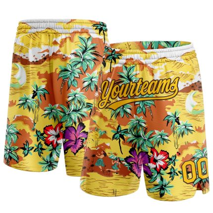 Custom Tropical Hawaii Palm Trees Basketball Shorts with Personalized Name & Number - 3D Yellow Brown Design Personalized