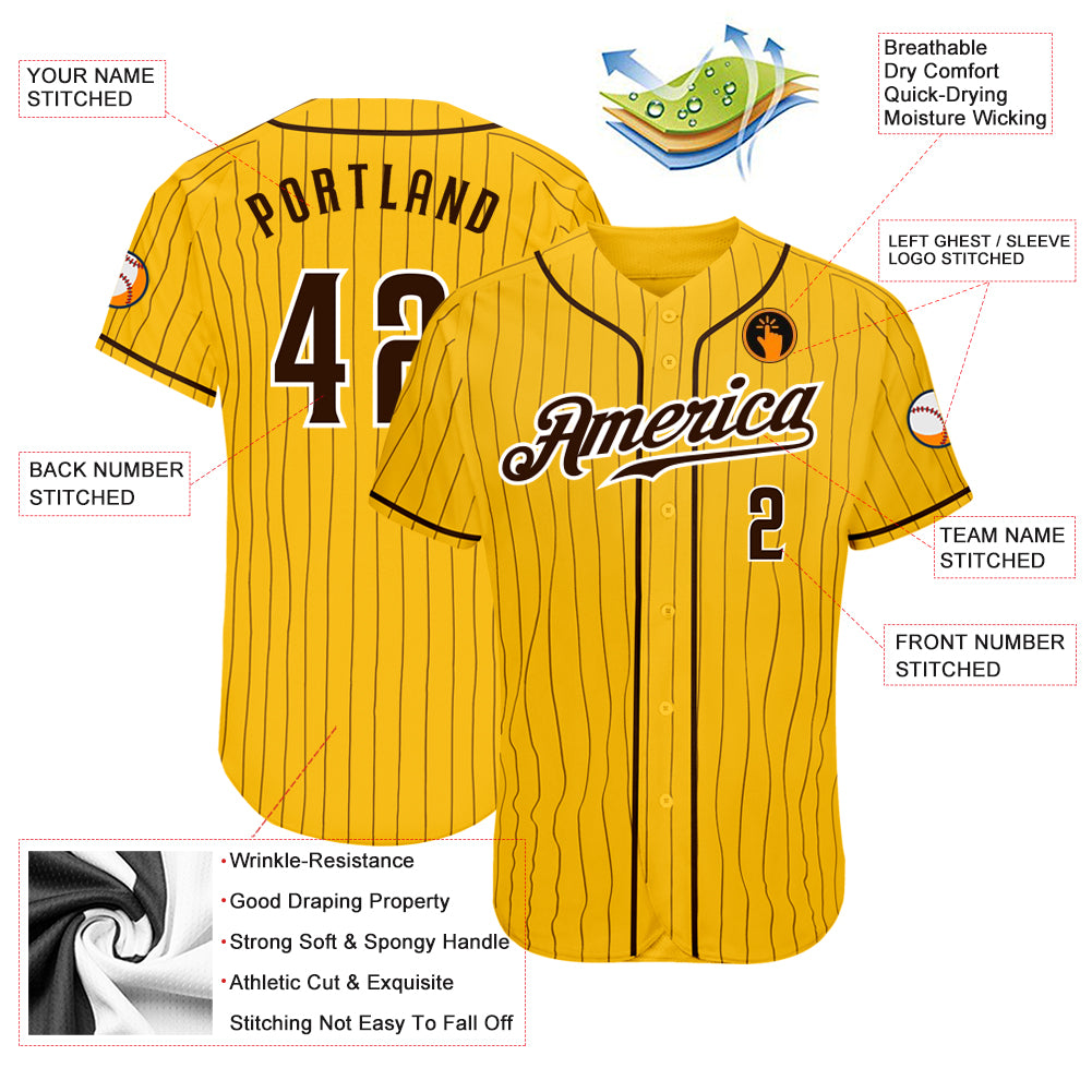 Personalized Yellow Brown Pinstripe Brown-White Authentic Baseball Jersey Team Custom Name and Number Custom Name and Number Authentic Baseball Jersey - Personalized Yellow Brown Pinstripe Team Jersey Personalized Yellow Brown - Image 3