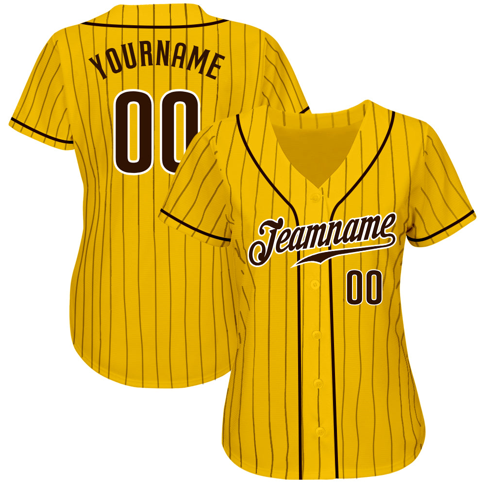 Personalized Yellow Brown Pinstripe Brown-White Authentic Baseball Jersey Team Custom Name and Number Custom Name and Number Authentic Baseball Jersey - Personalized Yellow Brown Pinstripe Team Jersey Personalized Yellow Brown - Image 2