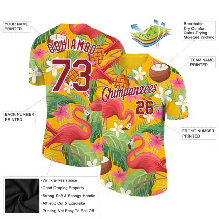 Custom Name and Number Tropical Hawaii Flamingo 3D Performance T-Shirt - Personalized Yellow Crimson-White Design Personalized