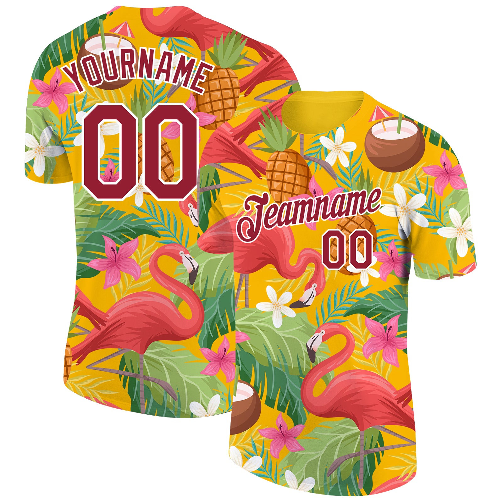 Custom Name and Number Tropical Hawaii Flamingo 3D Performance T-Shirt - Personalized Yellow Crimson-White Design Personalized