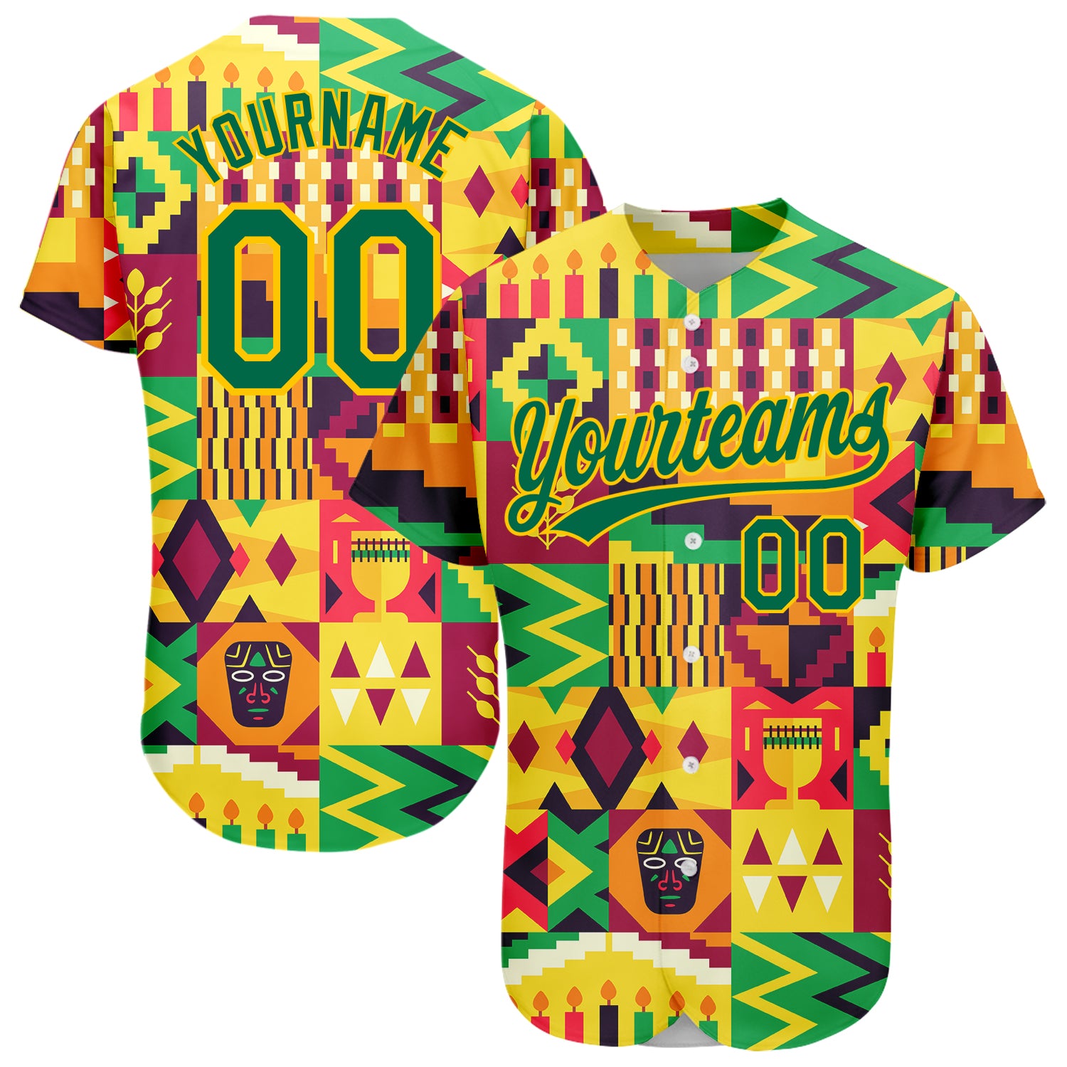 Personalized African Kwanzaa Baseball Jersey Custom Name Number 3D Yellow Kelly Green Pattern Authentic Team Apparel Personalized