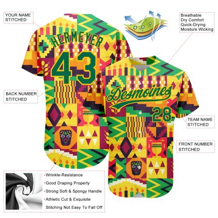 Personalized African Kwanzaa Baseball Jersey Custom Name Number 3D Yellow Kelly Green Pattern Authentic Team Apparel Personalized