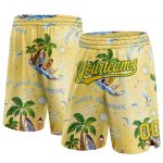 Personalized Basketball Shorts with 3D Tropical Palm Trees Pattern, Custom Name & Number in Yellow and Kelly Green Personalized