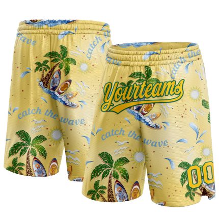 Personalized Basketball Shorts with 3D Tropical Palm Trees Pattern, Custom Name & Number in Yellow and Kelly Green Personalized