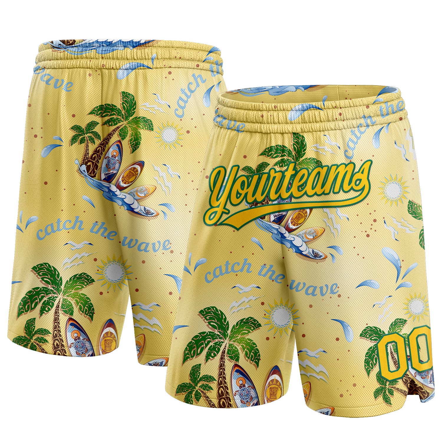 Personalized Basketball Shorts with 3D Tropical Palm Trees Pattern, Custom Name & Number in Yellow and Kelly Green Personalized