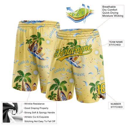 Personalized Basketball Shorts with 3D Tropical Palm Trees Pattern, Custom Name & Number in Yellow and Kelly Green Personalized