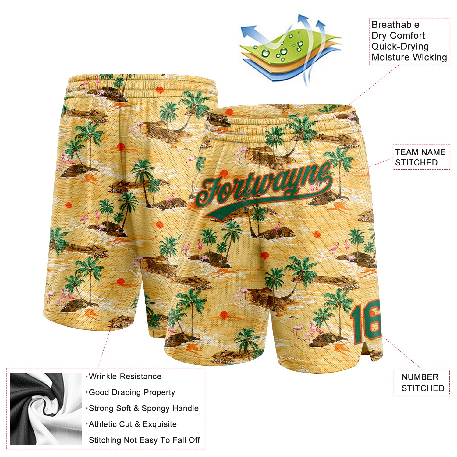 Personalized Yellow Kelly Green-Orange 3D Pattern Hawaii Palm Trees And Flamingo Authentic Basketball Shorts Team Custom Name and Number Personalized Hawaii Flamingo Basketball Shorts with Custom Name & Number - Yellow Kelly Green-Orange 3D Palm Tree Design - Image 2