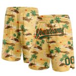 Personalized Hawaii Flamingo Basketball Shorts with Custom Name & Number - Yellow Kelly Green-Orange 3D Palm Tree Design