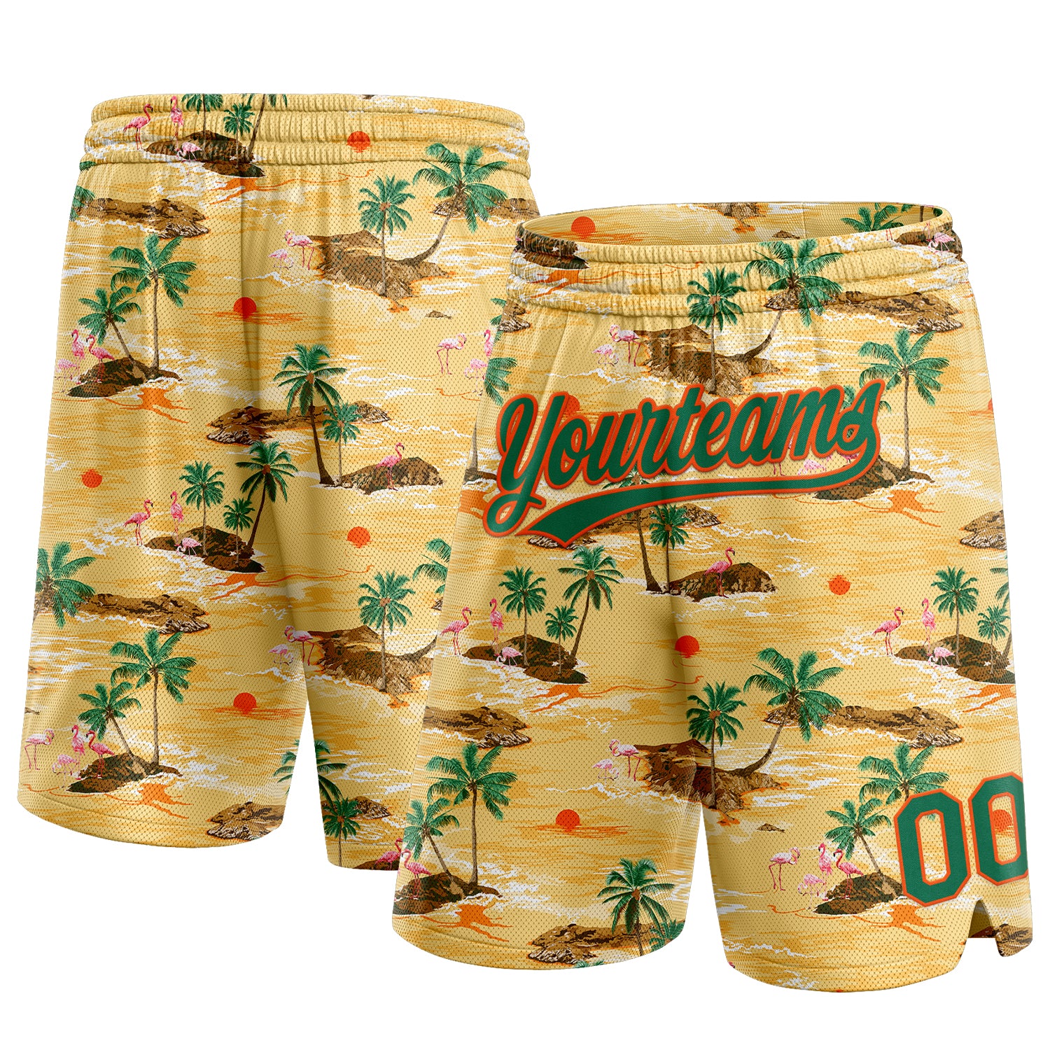 Personalized Hawaii Flamingo Basketball Shorts with Custom Name & Number - Yellow Kelly Green-Orange 3D Palm Tree Design