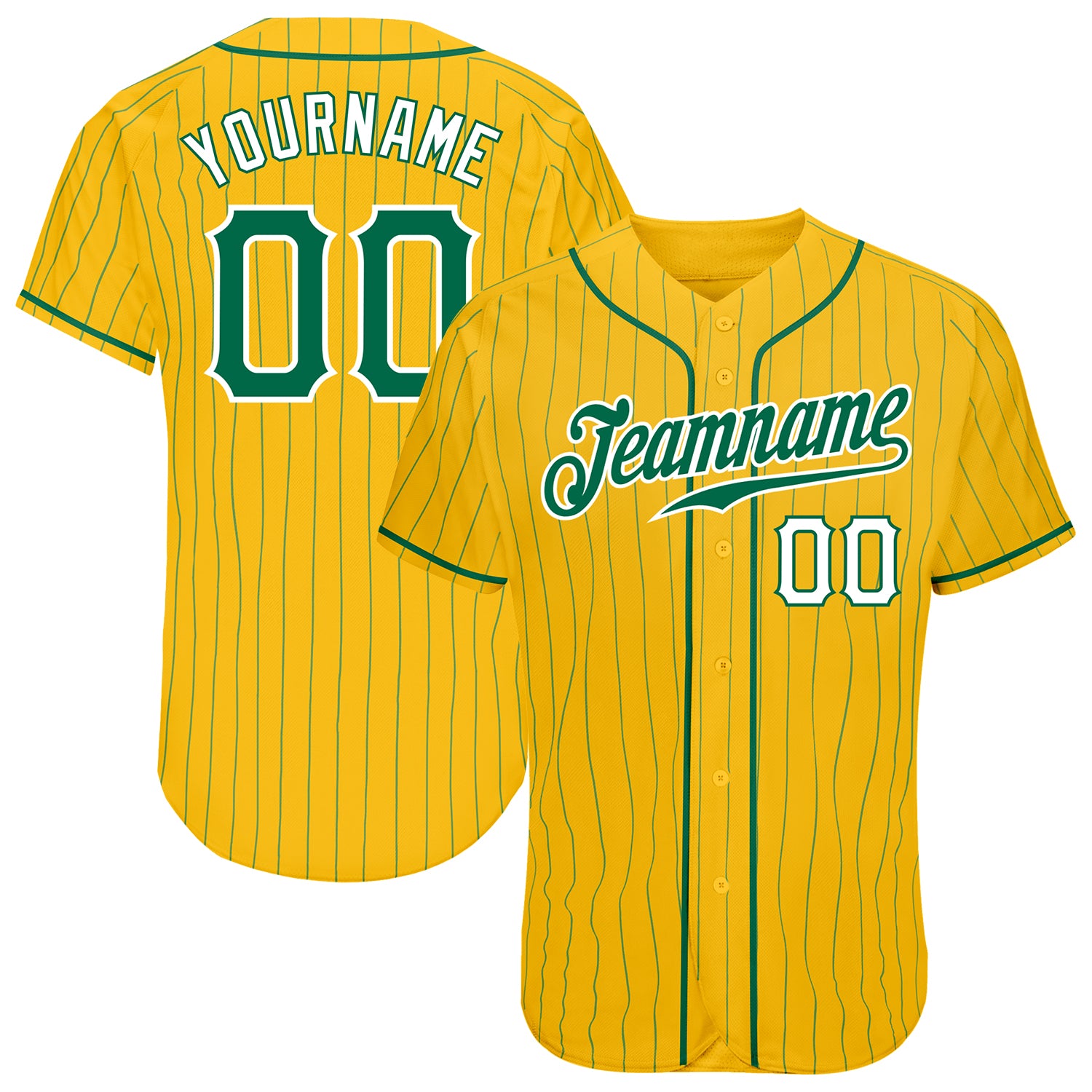 Custom Name and Number Authentic Baseball Jersey - Personalized Yellow and Kelly Green Pinstripe Design Personalized Yellow