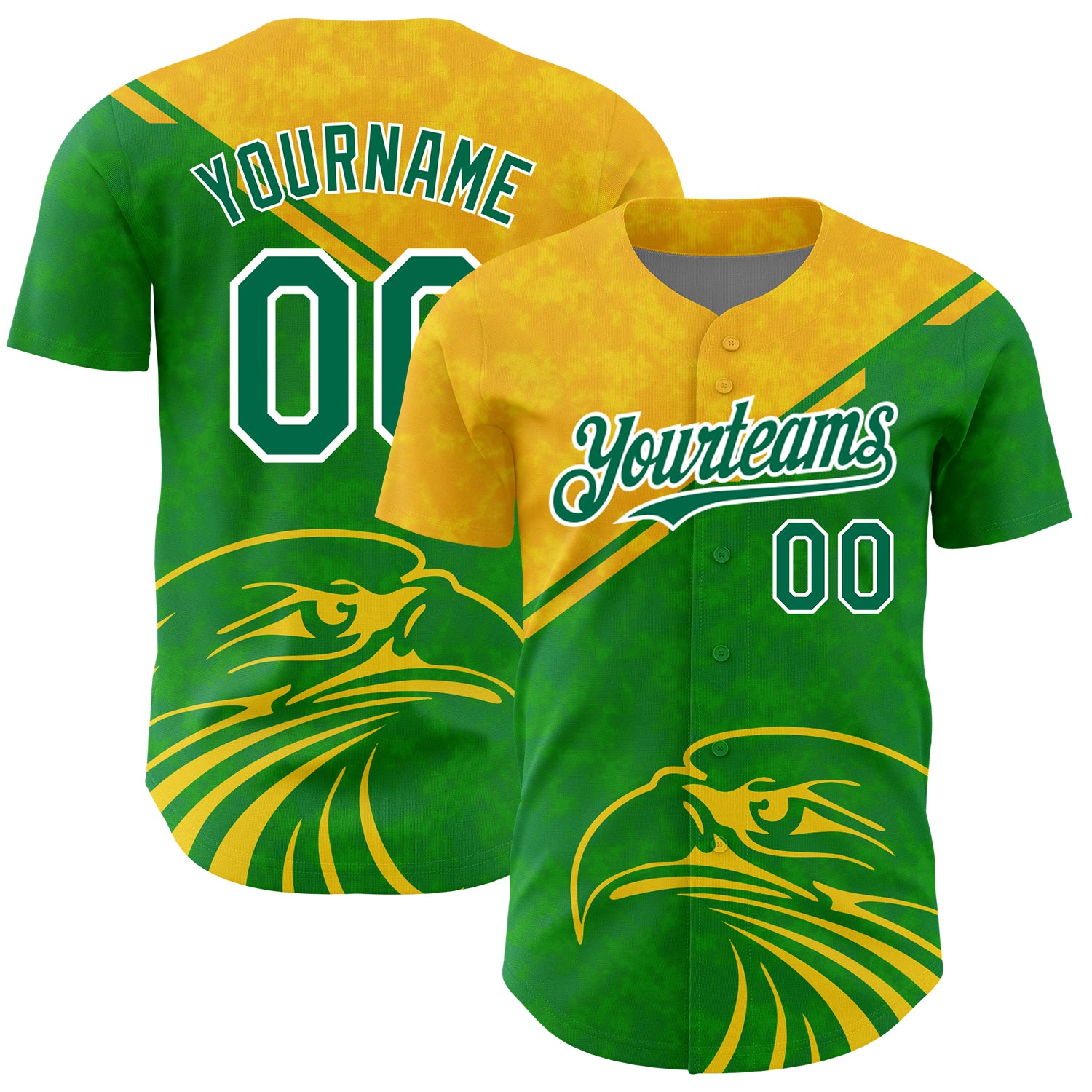 Custom Personalized Eagle Baseball Jersey - 3D Yellow Green-White Pattern with Team Name and Number Personalized Yellow Kelly
