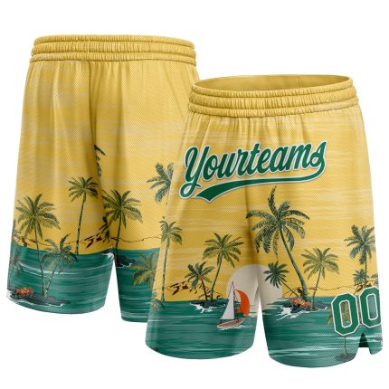 Custom Name and Number Basketball Shorts Hawaii Palm Trees Pattern Yellow Kelly Green White 3D Design Personalized Yellow