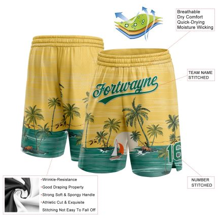 Custom Name and Number Basketball Shorts Hawaii Palm Trees Pattern Yellow Kelly Green White 3D Design Personalized Yellow