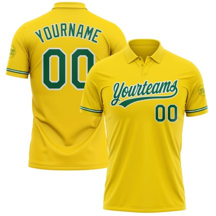 Custom Name and Number Personalized Performance Golf Polo Shirt - Yellow Kelly Green-White Personalized Yellow Kelly Green-White