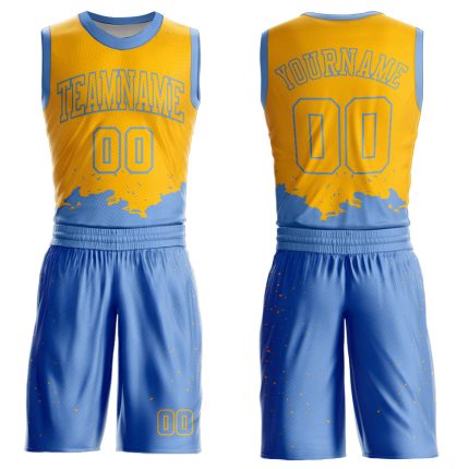 Custom Basketball Jersey Sublimation Suit with Name and Number - Personalized Yellow Light Blue Color Splash Round Neck Personalized
