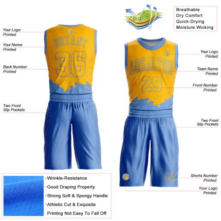 Custom Basketball Jersey Sublimation Suit with Name and Number - Personalized Yellow Light Blue Color Splash Round Neck Personalized