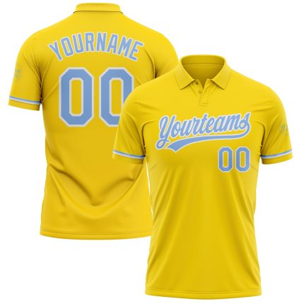 Custom Personalized Golf Polo Shirt - Yellow Light Blue-White Performance with Team Name & Number Personalized Yellow Light